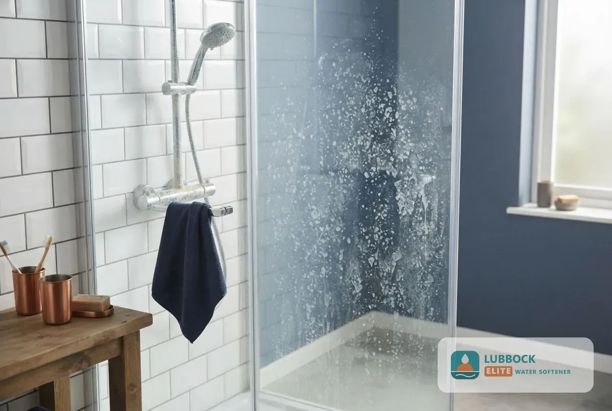 Hard water scale on a shower door in a Lubbock TX home