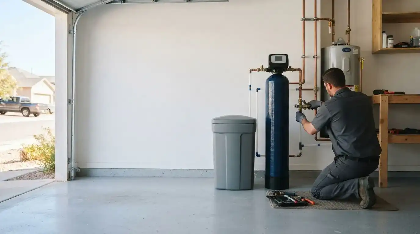 Technician installing a water softener Lubbock TX home