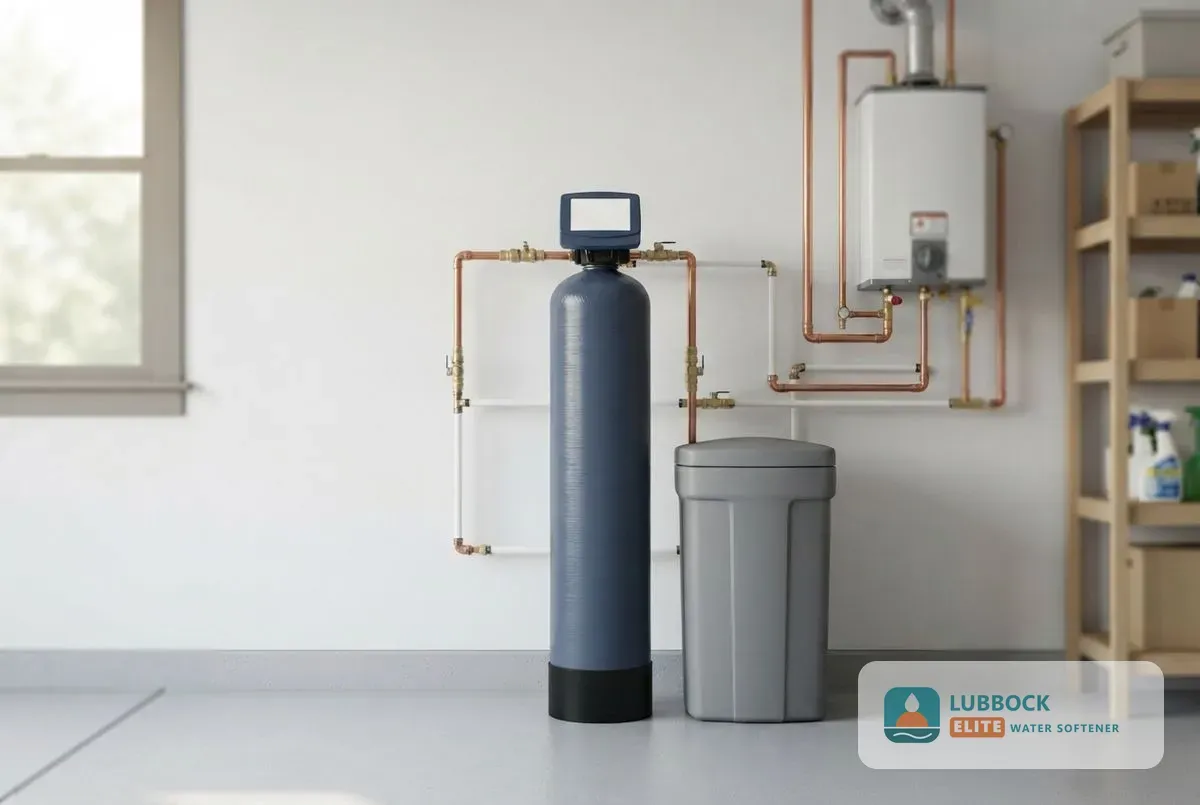 Installed water softener system Lubbock TX garage