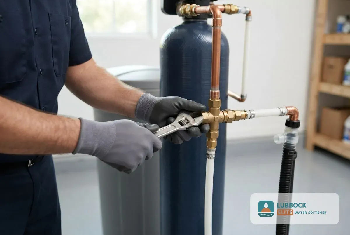 Technician connecting a water softener in Lubbock TX