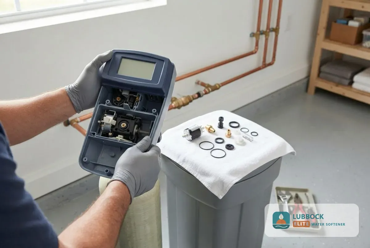 Water softener repair Lubbock TX technician servicing a control valve